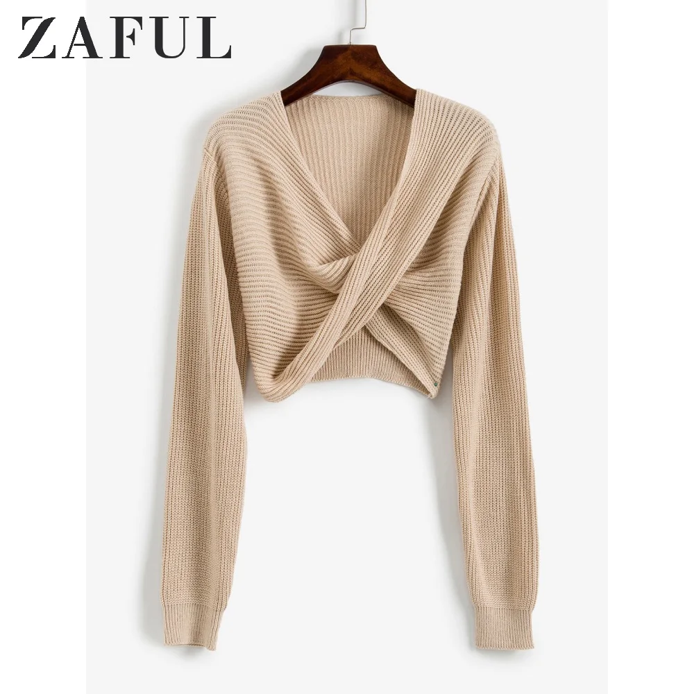 ZAFUL V Neck Cropped Twist Front Sweater2019 Fall Winter Uneven Hemline Solid Sweater Pullover Elastic Slim Fit Women | Женская одежда