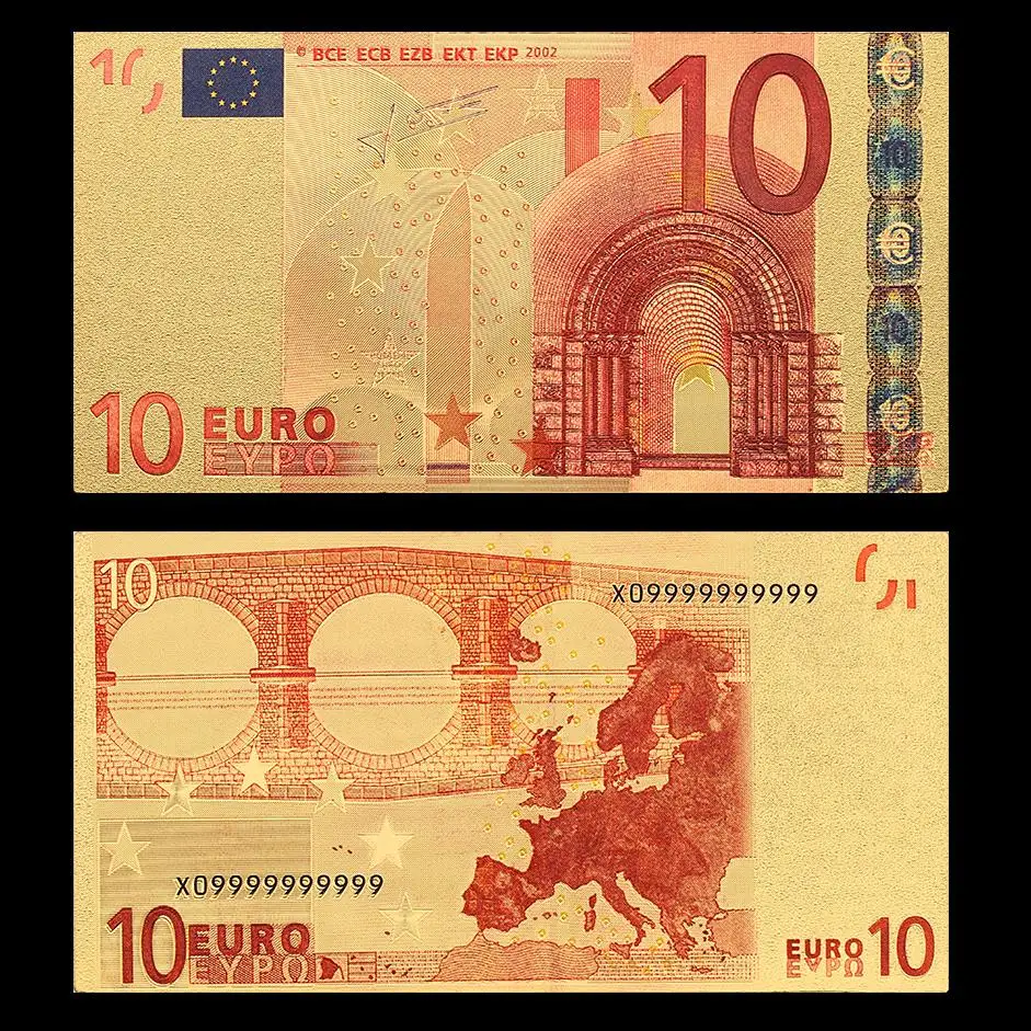 Цветные европейские золото banknotes 10 Банкноты евро в 24k Золотая фольга поддельные деньги для коллекции 5 20 50 100 200 500 Упаковка из 2 шт - Цвет: M006G-10
