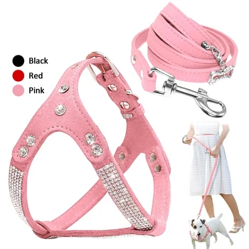 

Soft Suede Leather Dog Harness and Leash Set Rhinestone Puppy Cat Vest With Crystal Bone Pendant For Small Medium Pets Chihuahua