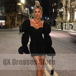 Back Sexy A-line Sheath pleated Cocktail Dresses 2022 Women Puff Sleeve Mini Party Dress Simple Backless Sweetheart Gowns