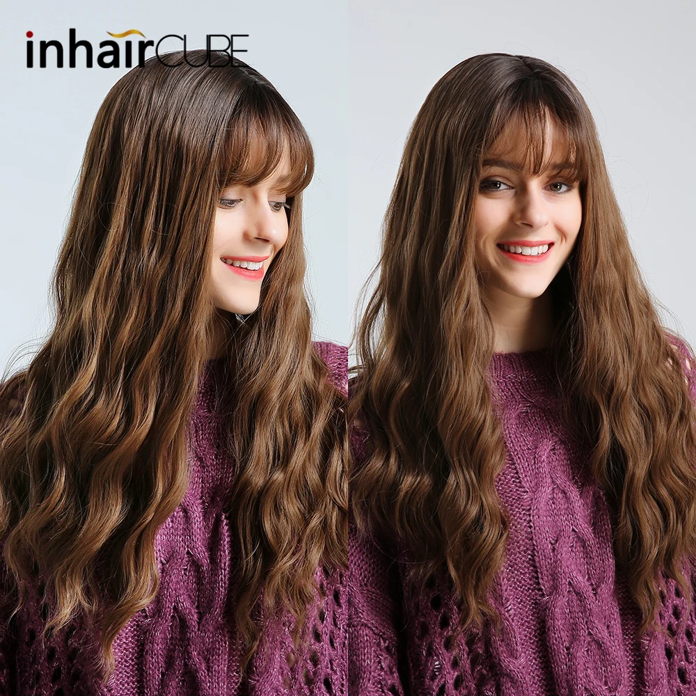 Inhaircube длинные коричневые кудрявые женские парики с челкой синтетический парик
