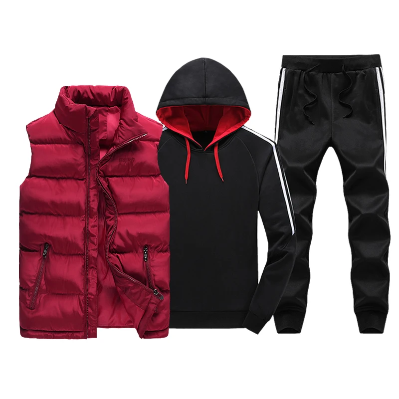 Зимний утепленный мужской спортивный костюм из 3 предметов с меховым капюшоном, флисовая толстовка+ жилет на молнии+ спортивные штаны, спортивный костюм в стиле пэчворк, мужской комплект 4XL - Цвет: ZH301 Red Black