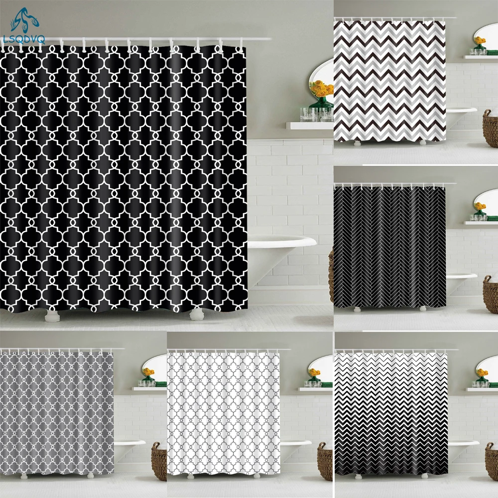 Black White Wave Stripe Geometric Bathroom Shower Curtains Frabic Waterproof Polyester Bath Bathroom Curtain with Hooks
