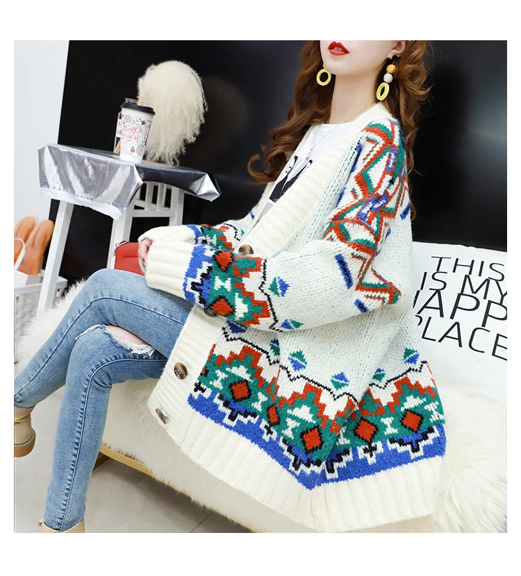 Sweater Cardigan Women Loose Mid-Autumn Autumn New Geometric Elements Long Sleeve Thicken Warm Knit Jacket