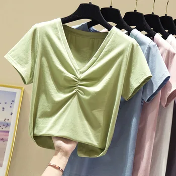 

2020 Summer New Solid Color V-neck Pumping Wrinkle Top Cotton Short Sleeve T-shirt Female
