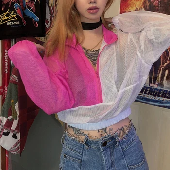 

Women Patchwork Mesh See-Through Jacket Turn Down Collar Sexy Short Fashion Coat Casual Hollow Long Sleeve Club Street Jackets