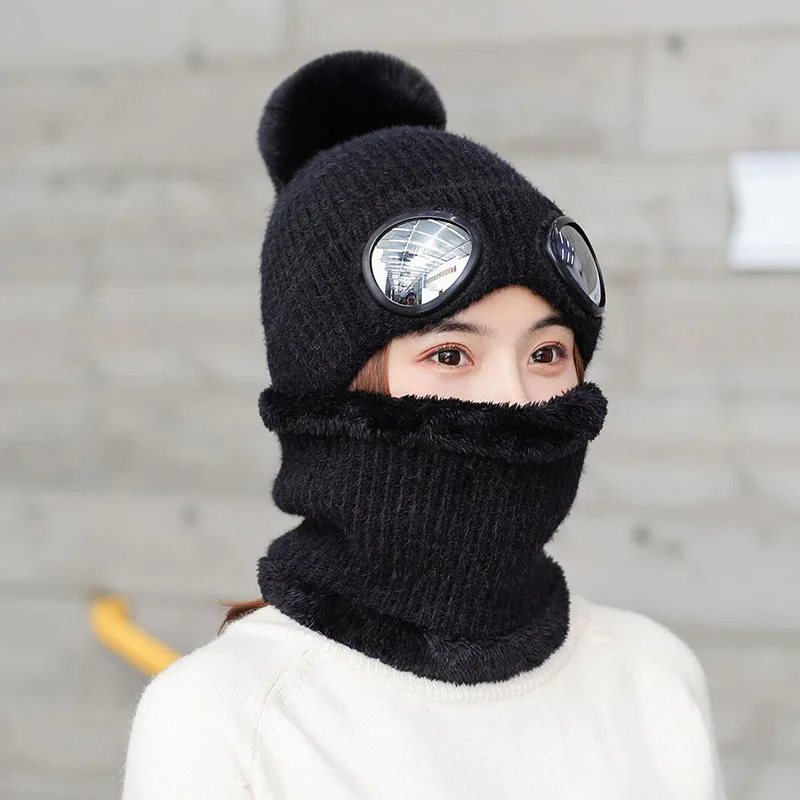 RUHAO зимняя вязаная шапка теплая шапочки Skullies Лыжная Шапка со Съемные очки для женщин и мужчин Кепка для занятий спортом на открытом воздухе