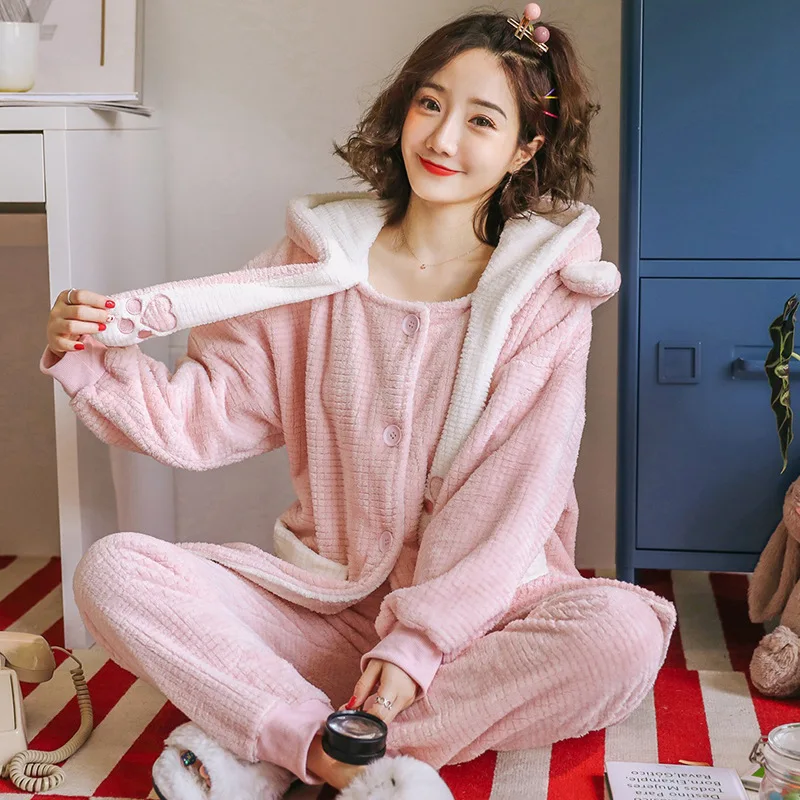 Photo Color Зимний коралловый бархатный плюшевый женский пижамный комплект, толстый фланелевый пижамный комплект с длинным рукавом и мультяшным рисунком, женская розовая теплая Домашняя одежда с кроликом - Цвет: Photo Color