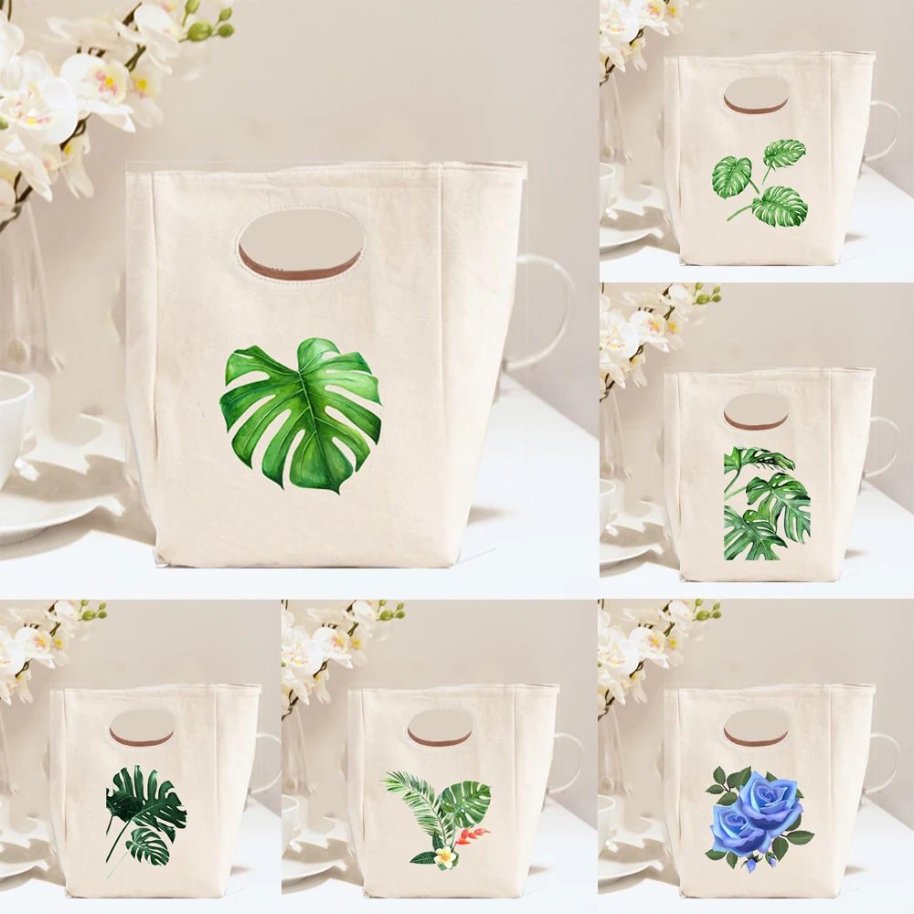 

Tropical Plants Print Lunch Pouch Harajuku Canvas Picnic Bag Reusable Causal Thermal Box Women Travel Portable Eco Cooler Box
