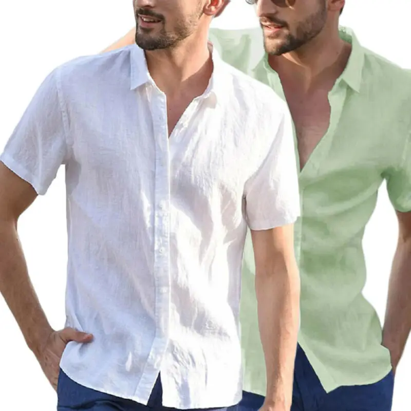 Casual short sleeved shirt linen shirt short sleeved shirt button down shirt Men's Shirts Linen Short Sleeve Summer Solid Shirts Casual Loose Turn-down Collar Blouse Male Breathable Shirt Chemises homme