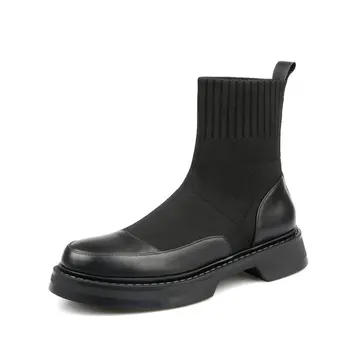 

Genuine Leather Platform Thick Heels boots Concise Autumn Winter knitting Shoes For Women Party Shoes Woman