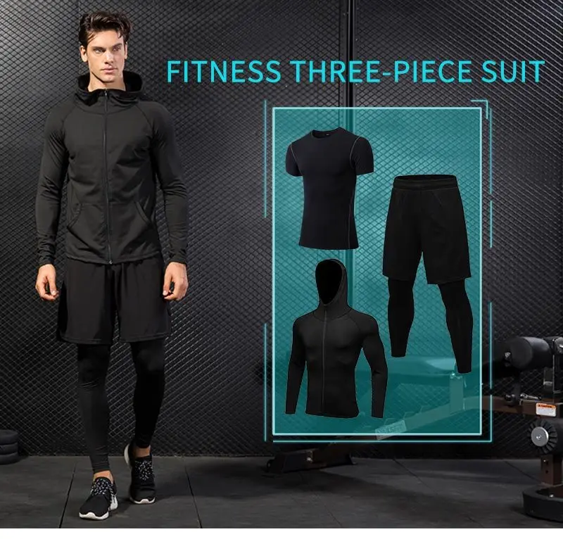 Yuerlian 3 шт. мужской компрессионный костюм для бега спортивный комплект Быстросохнущий Спортивный костюм футболка осень молния с капюшоном колготки спортивная одежда