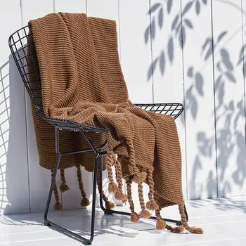 

Nordic Style Chunky Knitted Throw Blanket Solid Color Braided Fringe Tassels Soft Warm Office Air Conditioning Shawl Cover for C