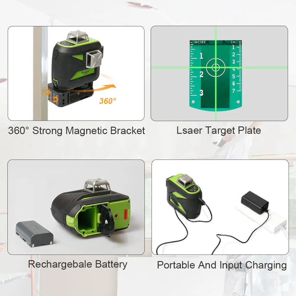 Самонивелирующийся лазерный 3D уровень Huepar 12 линий зеленый луч пересечение