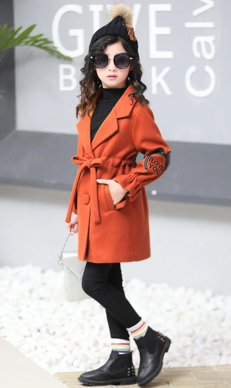 Girls woolen coats Children pure color lapel windbreaker Winter Kids pompon outwears