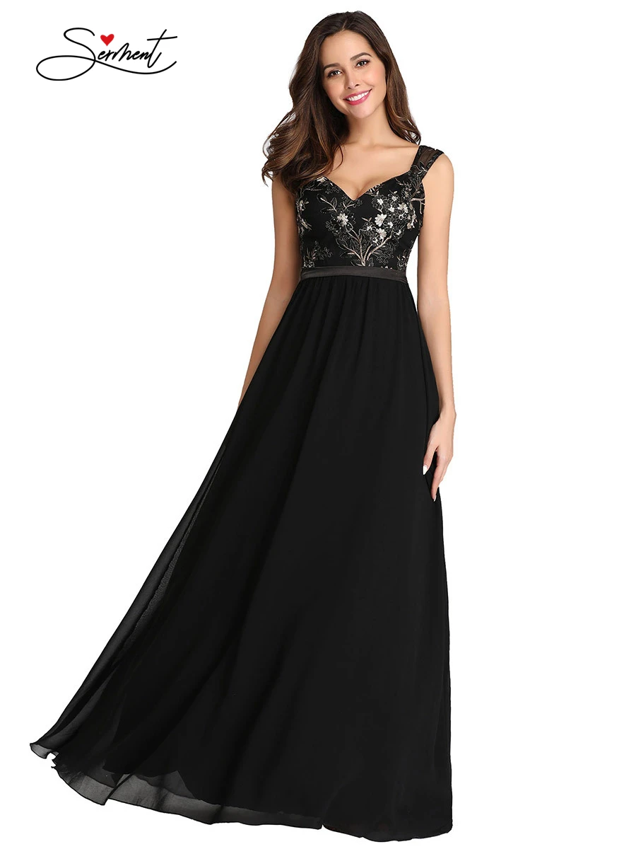 

OLLYMURS New Elegant Woman Evening Gown V-neck Lace Silver Embroidered Black Evening Dress Suitable for Formal Parties