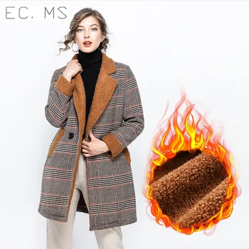 

Overcoat Winter Check Woolen Female Notched Warm Fleece EC.MS Office Lady Outerwear