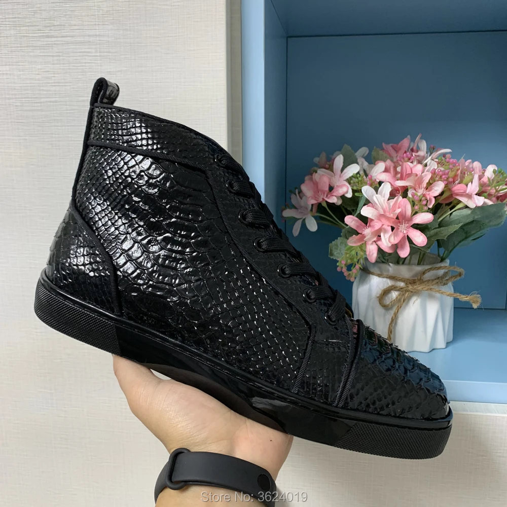 

High Top cl andgz Black Snake Glossy Cow Leather Lace up Rivet Red bottoms for men Flat Lovers of Sneakers casual shoes Footwear