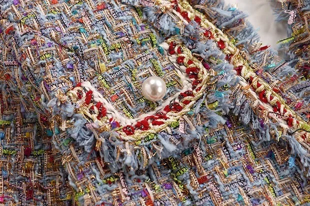 Promo Small fragrance Women Colorful Blue Pink Tweed Jacket Coat Autumn Winter V-neck Long Sleeve Pearls