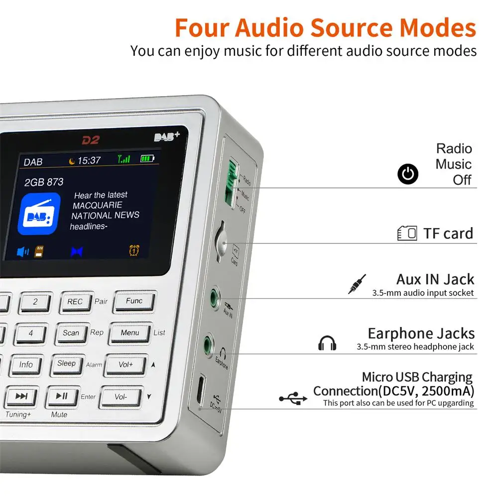Faixa de Rádio Alto-falantes com 2.4 Gtmedia Rádio Portátil Dab Estéreo - Rds Multi Polegada Display Lcd Alarme Suporte Micro sd tf Cartão d2 fm - Image 5
