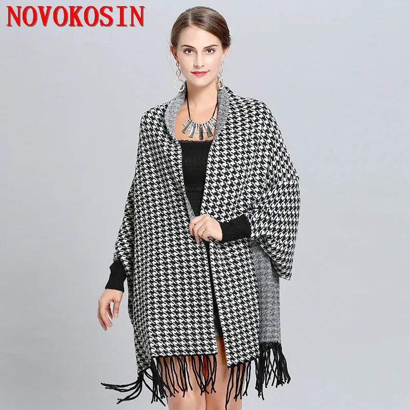 

SC320 2019 Outside Street Wear Winter Houndstooth Knitted Cardigan Women New Designer Female Long Sleeves Cape Vintage Shawl