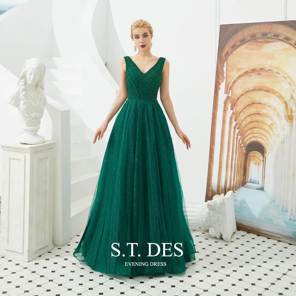 

2020 S.T.DES Multiple Color Elegant Crystal Applique Beaded Tulle Ball Gown V-Neck Sleeveless Floor-Length Evening Dress