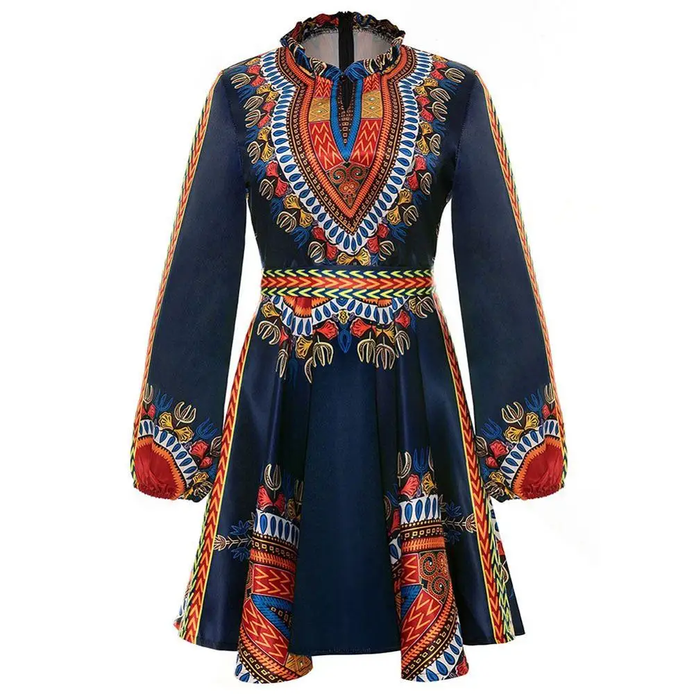 Fadzeco Анкара платья Африканская женщина комбинезон Дашики этнический воск батик печати цветочный воротник размера плюс платье с длинным рукавом - Цвет: Black