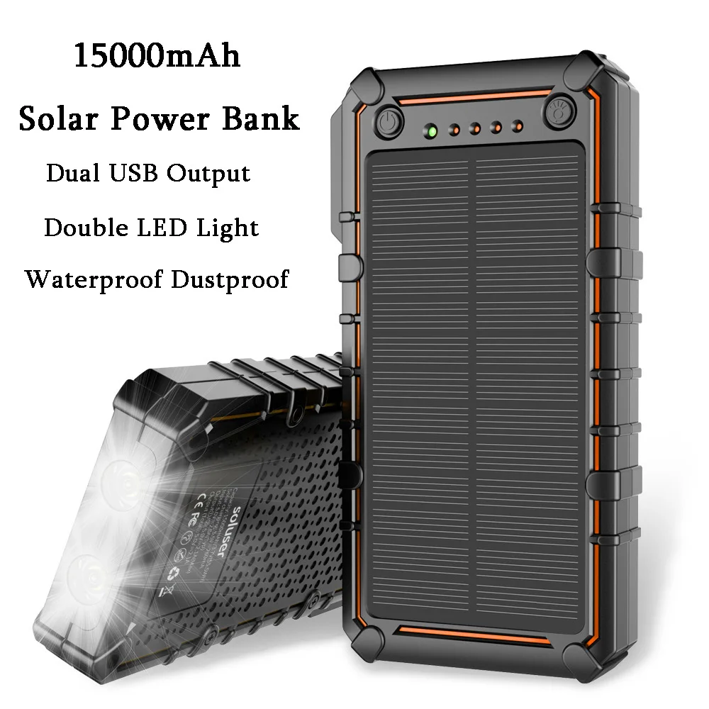 

Hot Selling 15000mAh Solar Power Bank Double LED Flashlight Dual USB Output Waterproof Dust-proof Fall-proof Portable Charger
