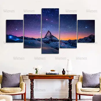 

Canvas Hd Prints Poster Home Decor 5 Panels Starry Night Sky Over Mountains Painting Modular Living Room Wall Art Picture Canvas