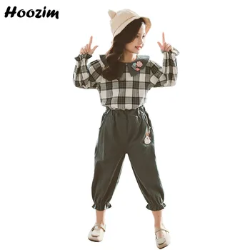 

Spring Suit For Girls 4-12 Years Chic Gingham Crew Neck Flare Sleeve Top+Cartoon Rabbit Linen Pants Set Chil Girls Clothing Set