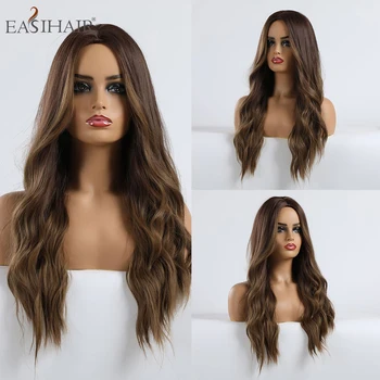 

EASIHAIR Long Brown Ombre Synthetic Wigs for Women Middle Part Wigs High Density Wavy Cosplay Wig Heat Resistant Wigs Fake Hair