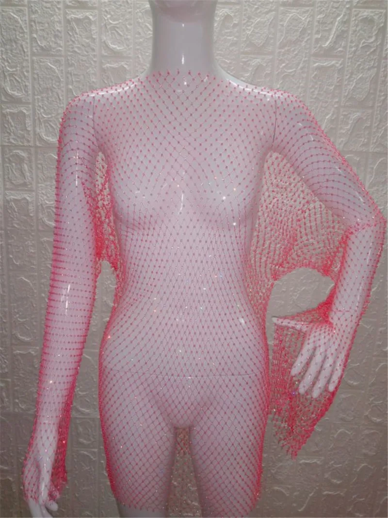 Skup Neon kolor Bling błyszczące dżetów Mesh Hollow Out sukienka Sexy z długim rękawem kabaretki Bodycon kobiety lato Party Clubwear sukienki