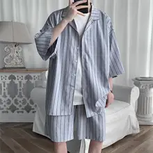 

Men Set 2021 Summer Shirts and Shorts Lightweight Letter Striped Half Sleeve Knee-Length Baggy Short Oversize Suit Clothing Man