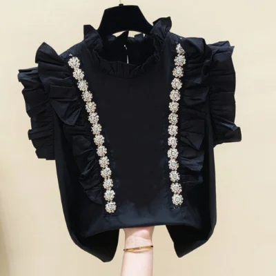 

Ruffled Beaded Diamond Fungus Stand Collar Sleeveless Shirt Female 2020 Summer Loose Slimming-look Top Female Blouse Blusas