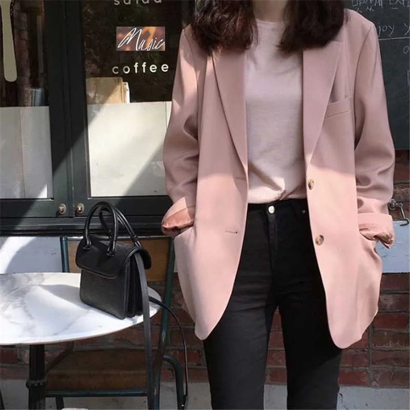 

Casual Women Runway Jacket Blazer Notched Single Breasted Female Pockets Autumn OL Suit Coat Elegant Solid Outerwear Pink coat