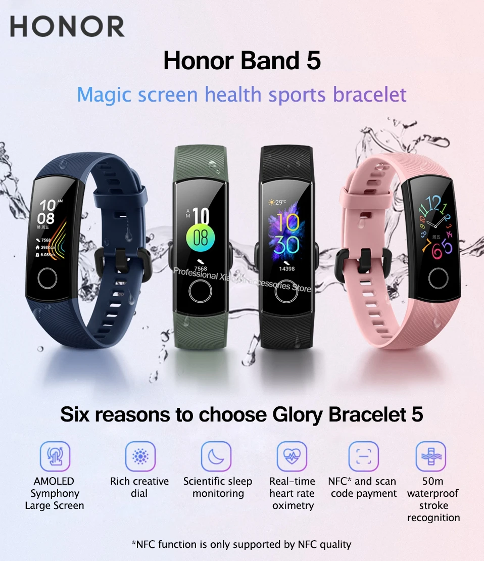 Смарт-браслет huawei Honor Band 5 с кислородом крови, сенсорный экран Amoled 0,95 дюйма, фиксирующий частоту пульса и сна, SnapBracelet