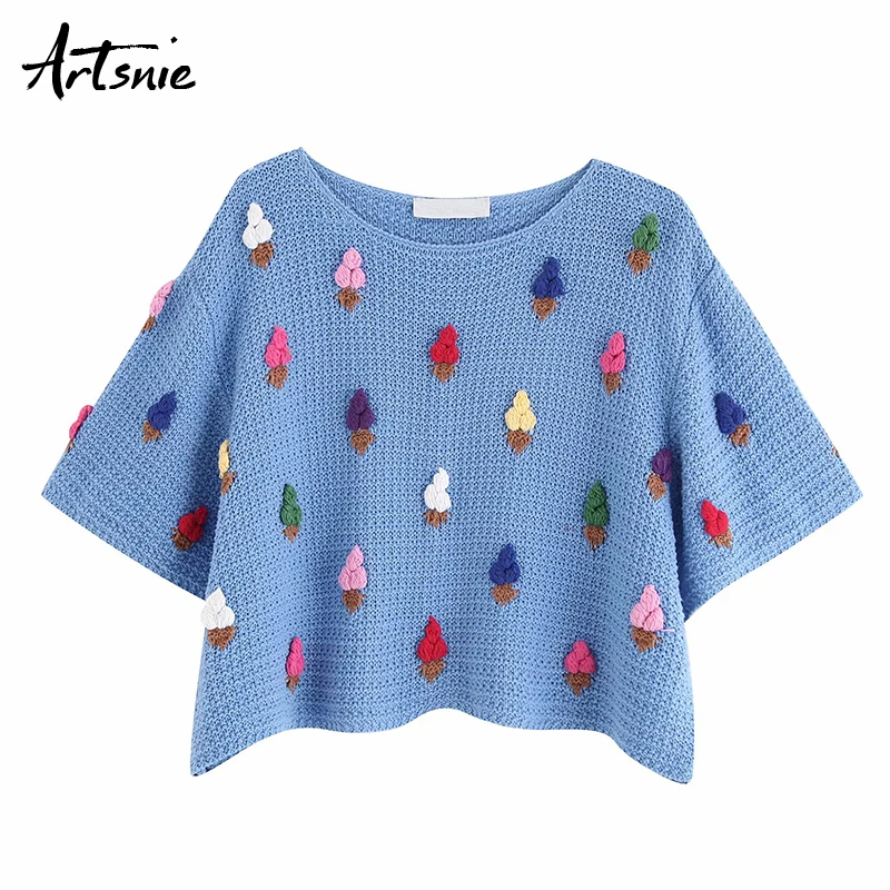 

Artsnie batwing sleeve casual women t shirt autumn 2019 o neck knitted crop tops streetwear loose embroidery t-shirts mujer