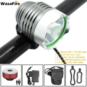 

XM-L T6 LED Bicycle Front Light Lamp 18650 Battery Bike Headlight 1800lm Cycling Headlamp + Safety Warning USB Taillight