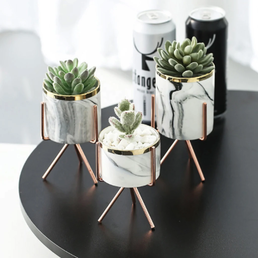 

Nordic Style Flower Pot Ceramics Iron Art Vase Marble Pattern Minimalist Plant Pot Stand Holder Home Room Wedding Decor