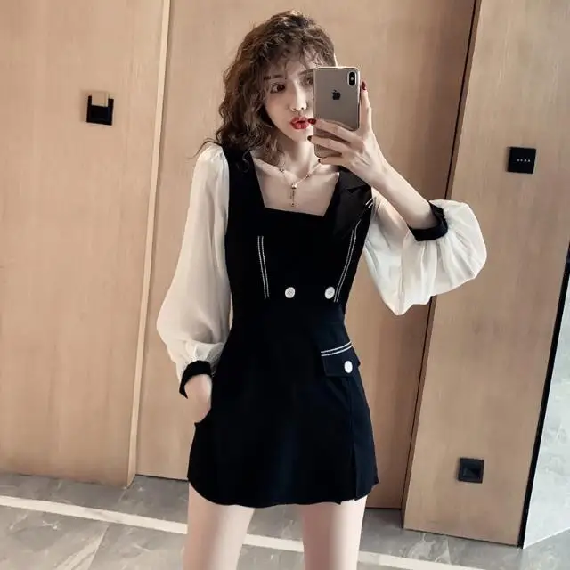 

Set 2020 New Women's Contrasting Color Chiffon Long-Sleeved Slim-Fit Skirt Slimming Temperament Dress + inside Shorts