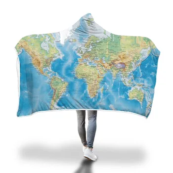 

2019 New Arrivals Blue World Map Hooded Blanket Thick Double Fleece Throw Blankets Winter Sofa Bed Cover For Kid Adults
