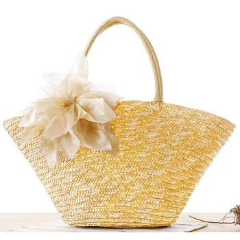 

Yarn Flower Straw Woven Bag Pastoral Silk Big Flower Woven Bag 8 Colors Fashionable Female Bag Beach Bag Picnic Bag