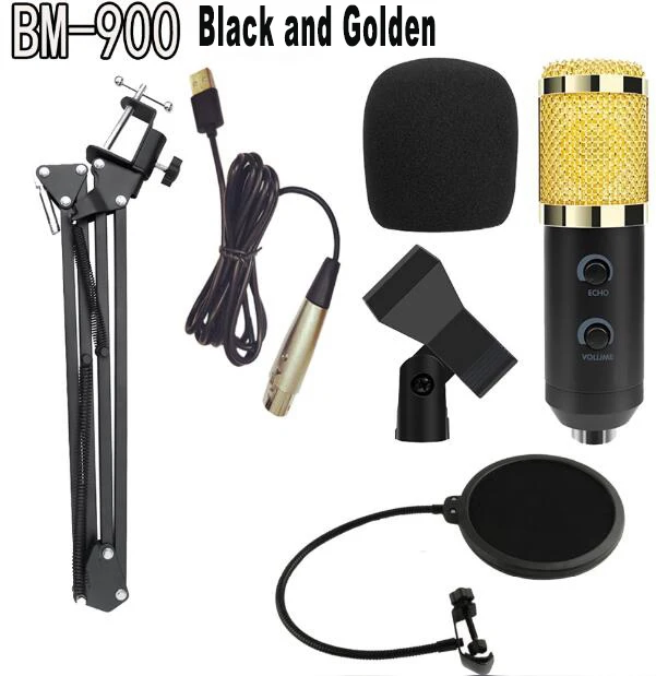black and gold set BM-900 Podcast записывающий микрофон с подставкой профессиональный конденсаторный студийный вещательный микрофон - Цвет: black and gold set