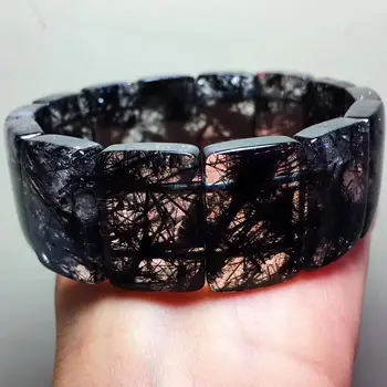 

Certificate Natural Black Rutilated Quartz Gemstone Women Men 25x17x6mm Brazil Rectangle Beads Wealthy Stone Bracelet AAAAA