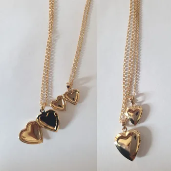 

Lovely Sweet Gold Color Two Size Heart Locket Pendant Layered Necklace Women Girl Persionized Memorized Jewelry Daily Casual