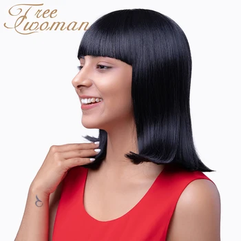 

FREEWOMAN 14in Black Short Straight Synthetic Wig WIth Neat Bangs Medium Length Hair for Black Women Party False Hair Wigs