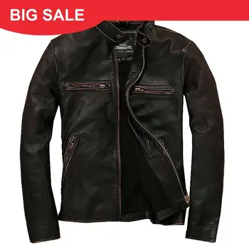 

2020 Vintage Brown Men Slim Fit Biker Leaher Jacket Large Size 6XL Stand Collar Genuine Cowhide Spring Motorcycle Leather Coat