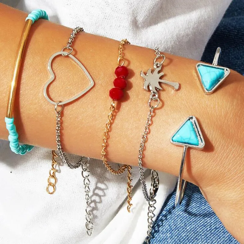 DIEZI, богемные винтажные модные браслеты с бусинами, браслеты-манжеты, сердце, треугольник, кокосовое дерево, очаровательный браслет, наборы, Женские Ювелирные изделия