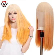 MANWEI Quality Long Natural Wave Hair Synthetic Wigs with Neat Bangs for Women gold pink Brown multiple colour for Choose