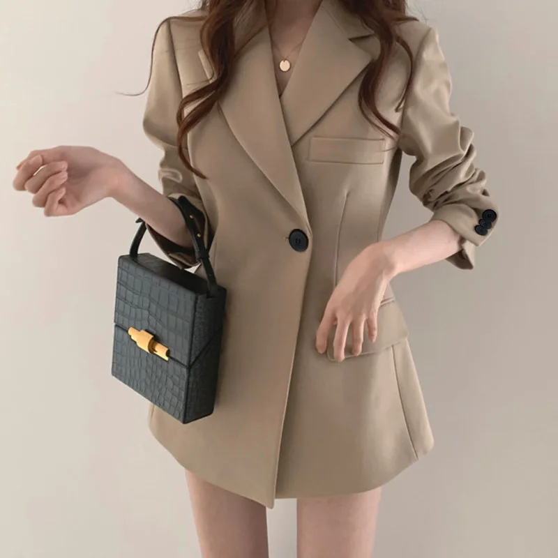Women Long Blazer Cool Work Jacket Casual Slim Fit Khaki Black Autumn 2020 for Office Ladies Tunic Outwear with Pockets